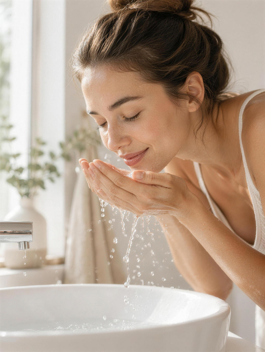 Moment de soin, eau fraîche sur le visage