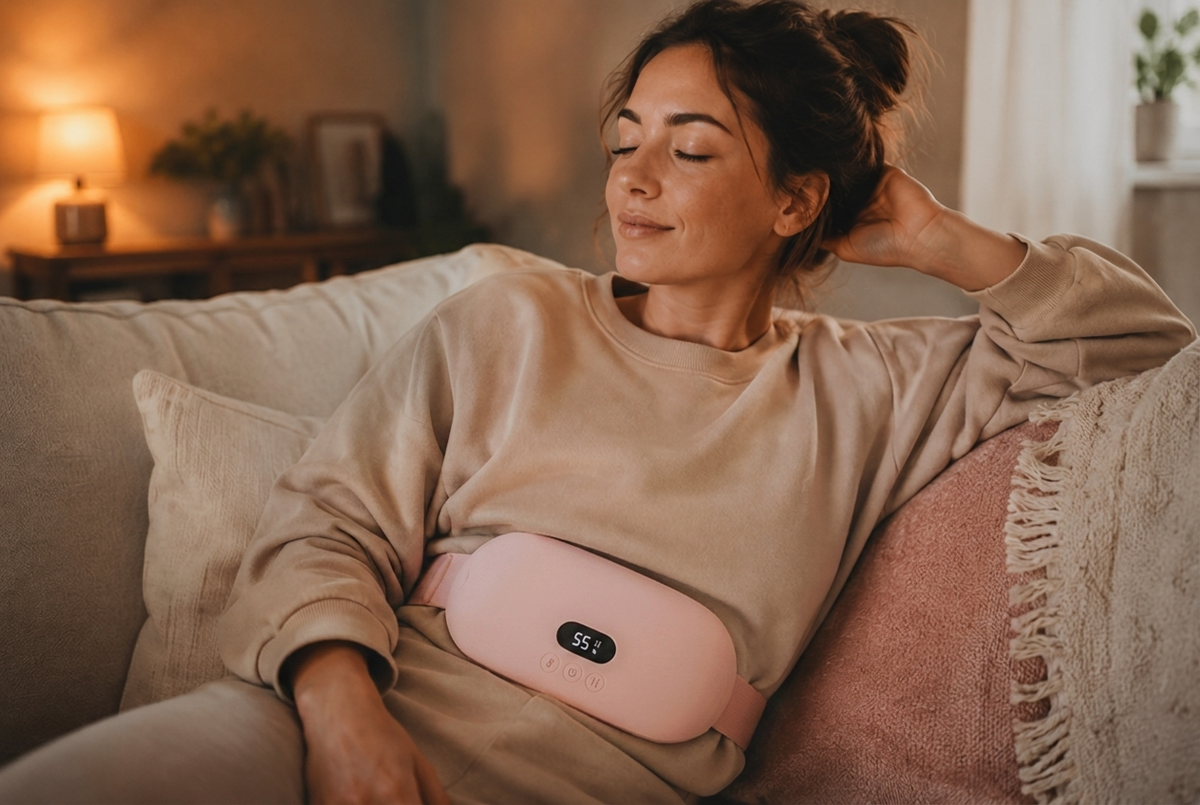 Femme détendue avec la ceinture chauffante